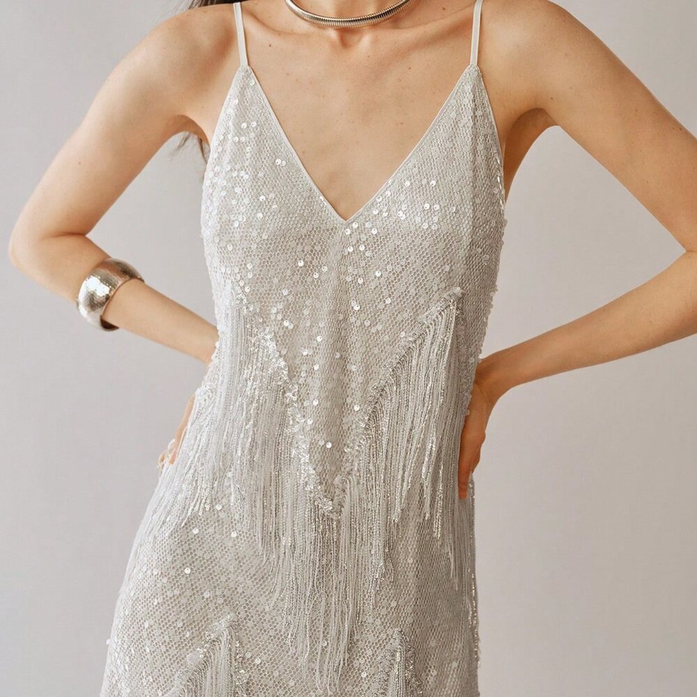 White Party Women's Spaghetti Strap Sequin V-Neck Tassel Slit Hem Dress - Picture 7 of 8